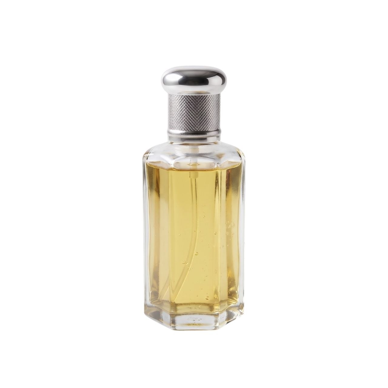 Classic elegant glass perfume bottle with yellow liquid and silv X Perfume Attar