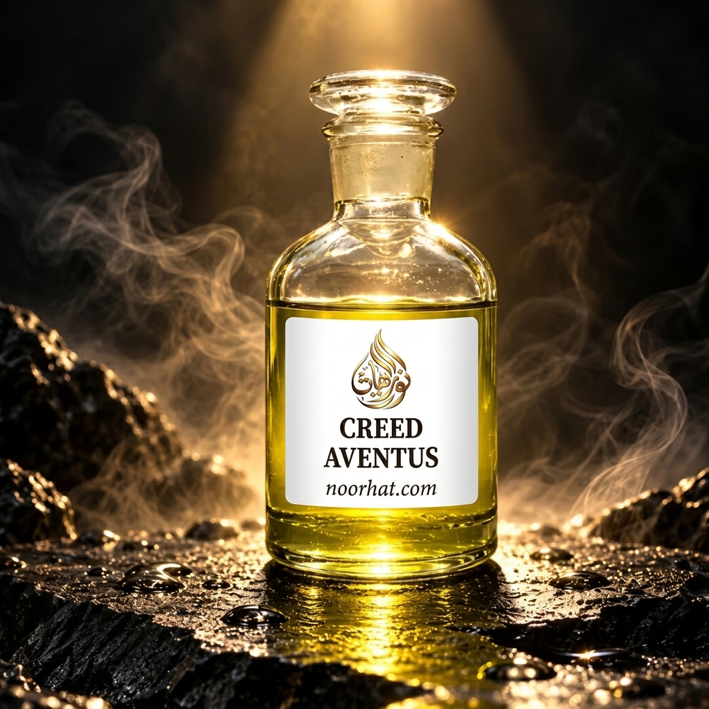 Elegant glass perfume bottle filled with golden liquid and myste Creed Aventus Attar