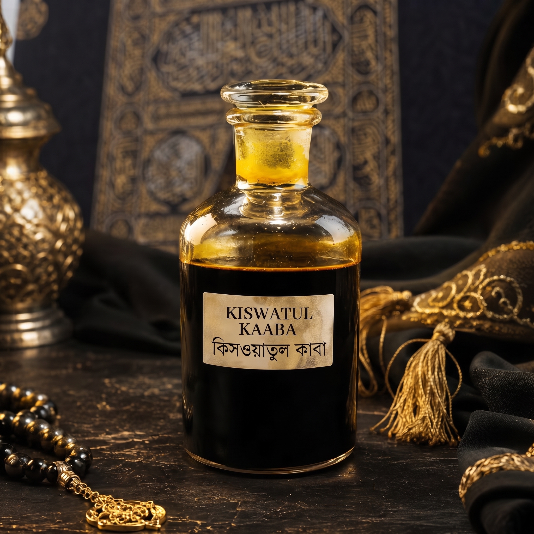 A glass bottle of dark amber liquid labeled Kiswatul Kaaba with Kiswatul Kaaba Attar