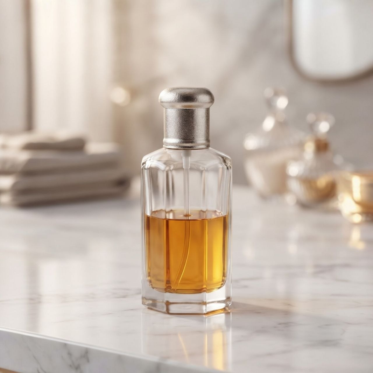 Luxury clear glass perfume bottle with amber liquid on a white m Bleu de Chanel Attar