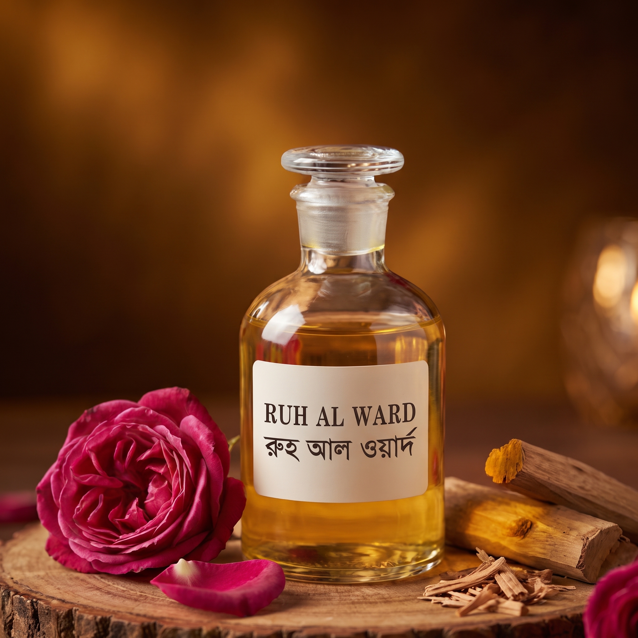 Close up of a glass bottle filled with amber liquid and a label Ruh Al Ward Attar