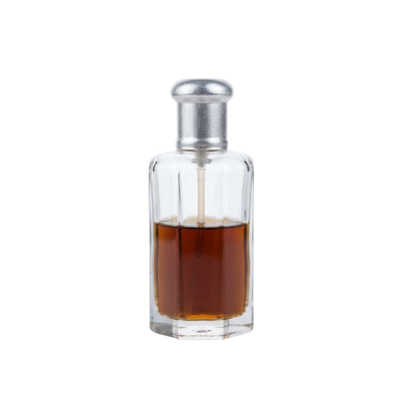 Small glass perfume bottle with silver cap filled with amber liq Mukhallat Attar