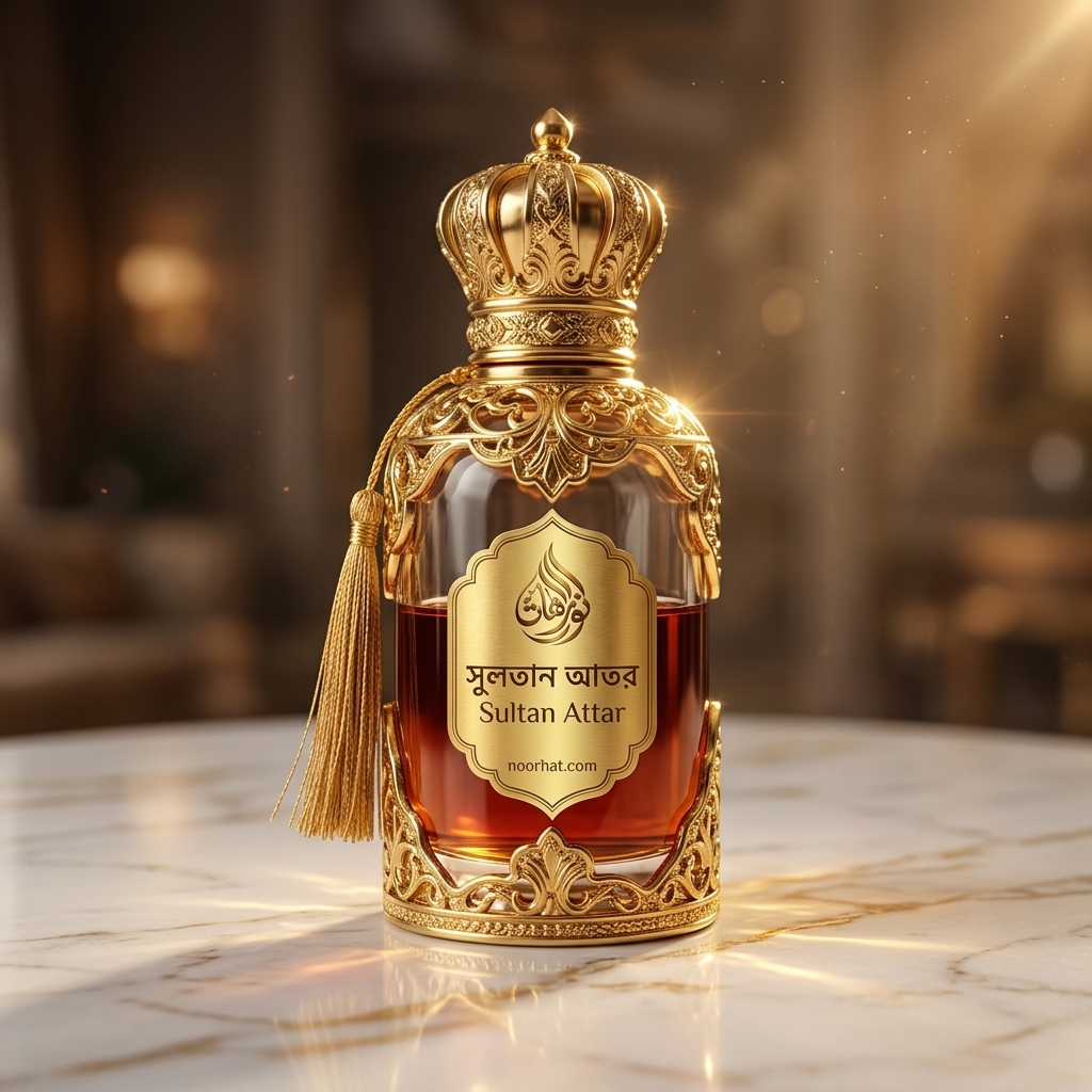 Luxurious golden crown bottle of Sultan Attar perfume with intri Sultan Attar