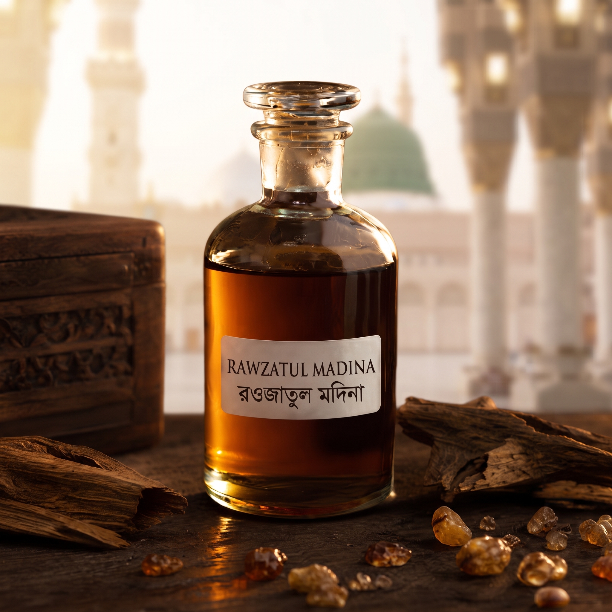 Traditional arabic oud perfume oil bottle with agarwood chips an Rawzatul Madina Attar