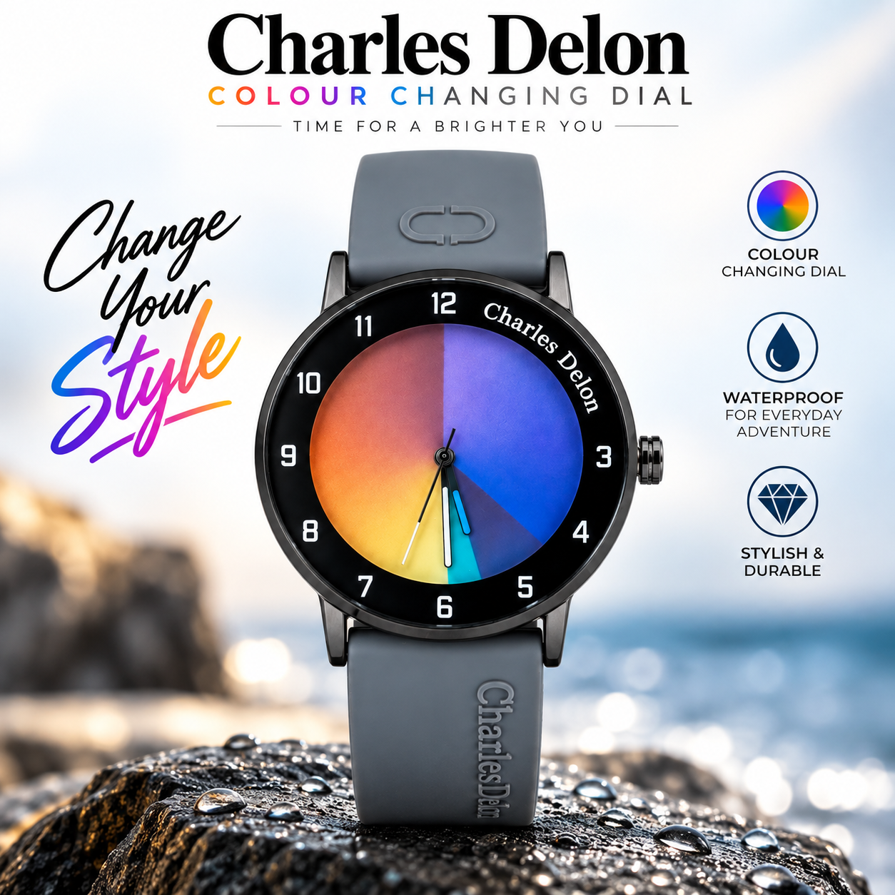 Charles Delon Waterproof Color-Changing Dial Watch for Him & Her – Unisex Blue Silicone Strap Gradient Dial Wristwatch