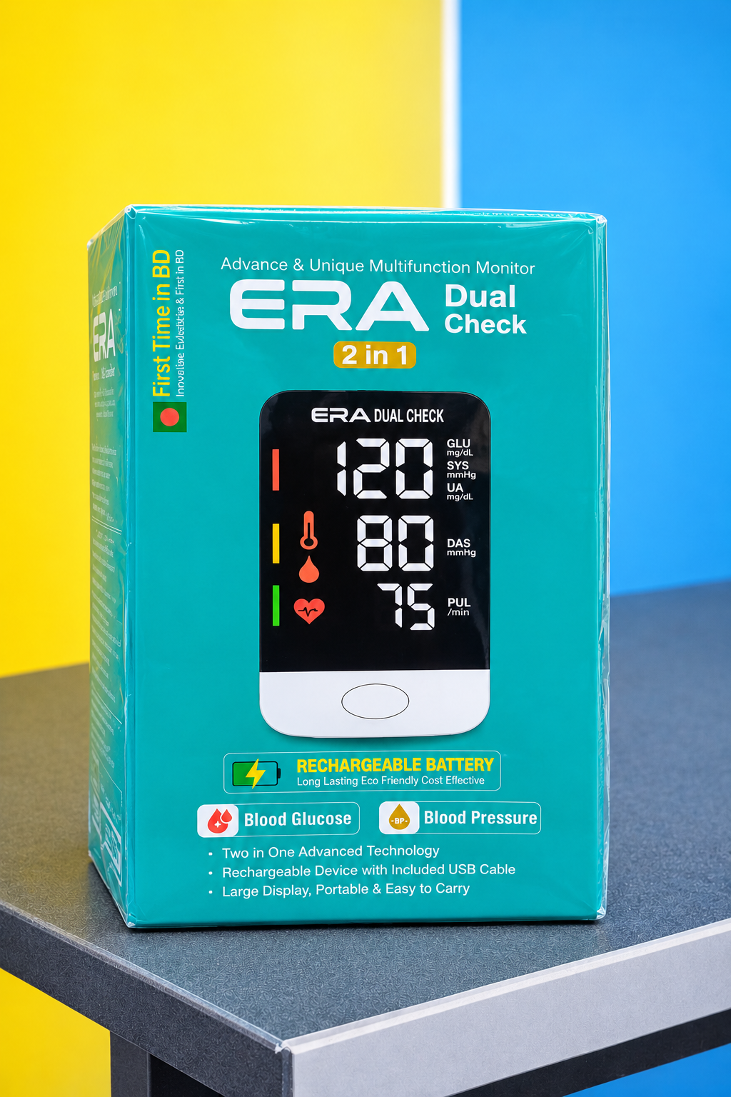 ERA Dual Check 2-In-1 Blood Glucose (Diabetes Care) & Blood Pressure Monitor Rechargeable Battery - ISO Certified And 1 Year Official Warranty